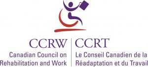 This is an abstract image in red and blue of a person on a wheelchair holding a briefcase. Underneath is divided into two. Left side says "Canadian Council for Rehabilitation and Work" and CCRW" in bigger writing above. Right side says the the same in French; "La Conseil Canadian de la Readapatafion et du Travail" with CCRT is bigger letters above. Click to arrive at this partner's page. 