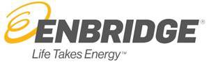 Image contains a fancy yellow cursive letter "E" with the text "Enbridge" in italicized, all bold caps in grey. Underneath the text, Enbridge, is the text, "Life Takes Energy" in upper and lower case, grey italics. 